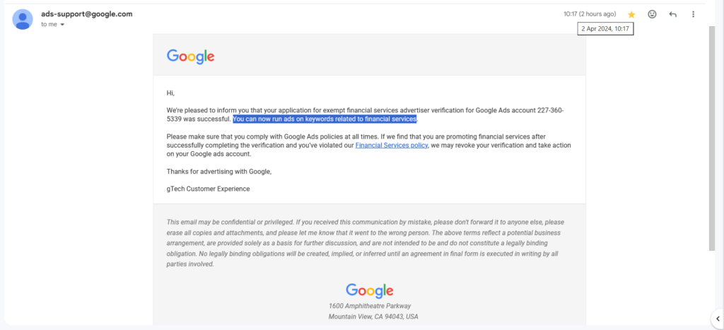 Google Ads Financial Services Verification